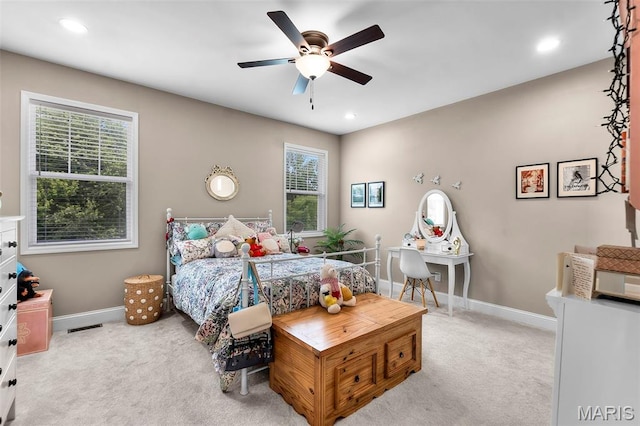 2291 Cambridge, Jackson, MO 63755 - bedroom featuring light carpet, baseboards, a ceiling fan, and recessed lighting