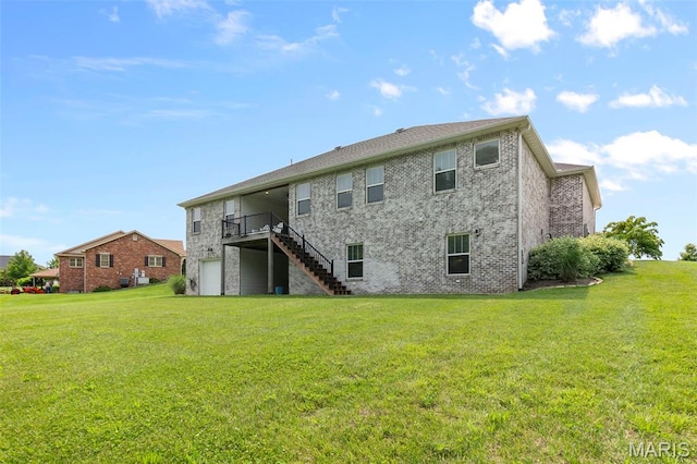 2291 Cambridge, Jackson, MO 63755 - back of house featuring stairway, a lawn, brick siding, and a wooden deck