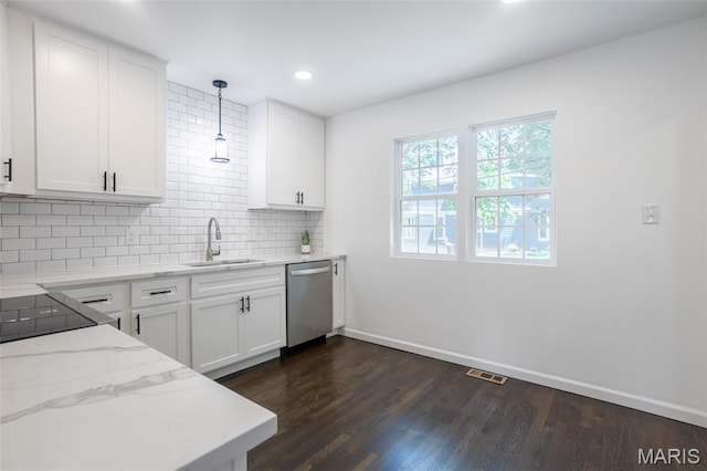 702 Crompton Ct, Saint Louis, MO 63126 - kitchen with stainless steel dishwasher, backsplash, light stone counters, white cabinetry, and dark wood-type flooring