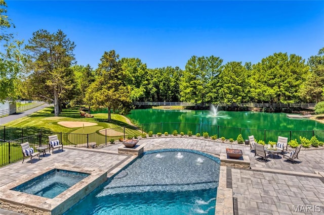 5425 Independence Rd, Weldon Spring, MO 63304 - view of swimming pool with a patio area, a water view, and a pool with connected hot tub