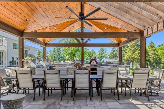 5425 Independence Rd, Weldon Spring, MO 63304 - view of patio featuring a gazebo, area for grilling, outdoor dining space, and ceiling fan