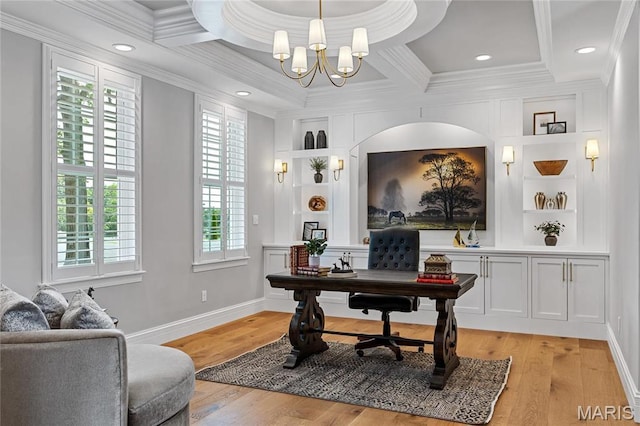 5425 Independence Rd, Weldon Spring, MO 63304 - office space with coffered ceiling, a chandelier, crown molding, light wood finished floors, and built in shelves
