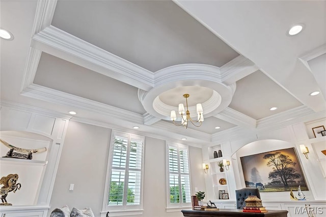 5425 Independence Rd, Weldon Spring, MO 63304 - detailed view of a chandelier, crown molding, recessed lighting, and coffered ceiling