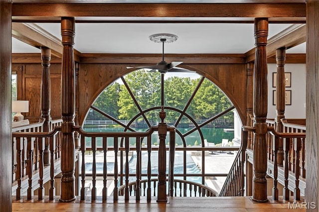 5425 Independence Rd, Weldon Spring, MO 63304 - detailed view of a ceiling fan, beamed ceiling, and wooden walls
