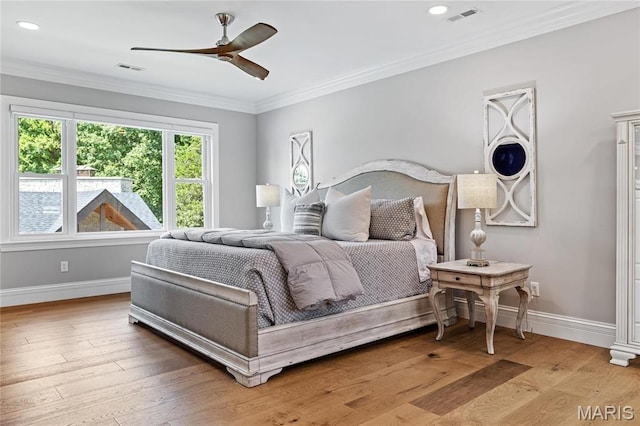 5425 Independence Rd, Weldon Spring, MO 63304 - bedroom featuring light wood-type flooring, baseboards, ornamental molding, ceiling fan, and recessed lighting