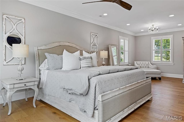 5425 Independence Rd, Weldon Spring, MO 63304 - bedroom with crown molding, wood finished floors, recessed lighting, a chandelier, and baseboards