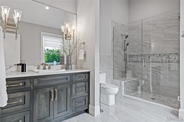 5425 Independence Rd, Weldon Spring, MO 63304 - bathroom featuring toilet, vanity, a stall shower, marble finish floors, and recessed lighting