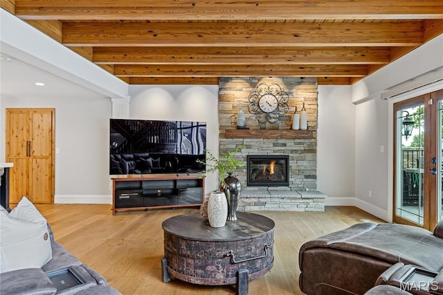 5425 Independence Rd, Weldon Spring, MO 63304 - living room with a fireplace, wooden ceiling with exposed beams, baseboards, wood finished floors, and recessed lighting