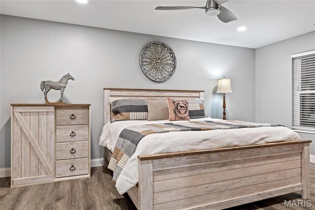 5425 Independence Rd, Weldon Spring, MO 63304 - bedroom with wood finished floors, baseboards, recessed lighting, and a ceiling fan