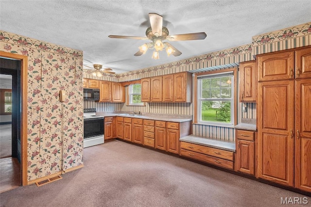 148 N Nebraska St, Marine, IL 62061 - kitchen with electric range oven, black microwave, wallpapered walls, a textured ceiling, and light countertops