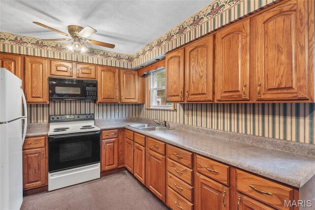 148 N Nebraska St, Marine, IL 62061 - kitchen with electric range oven, black microwave, freestanding refrigerator, wallpapered walls, and a sink
