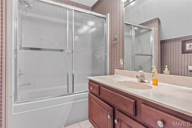 148 N Nebraska St, Marine, IL 62061 - bathroom featuring wallpapered walls, vanity, bath / shower combo with glass door, and tile patterned floors