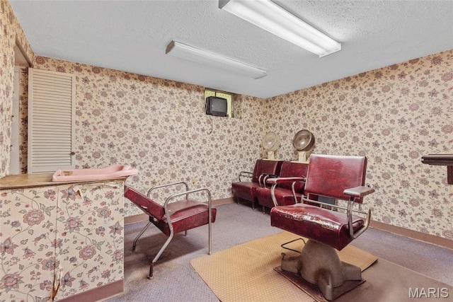 148 N Nebraska St, Marine, IL 62061 - sitting room with wallpapered walls, a textured ceiling, carpet floors, and baseboards