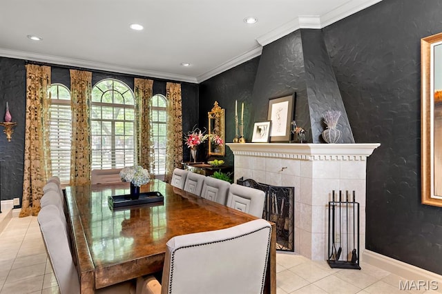 7428 Wellington Way, Clayton, MO 63105 - dining area with tile patterned floors, ornamental molding, baseboards, wallpapered walls, and recessed lighting
