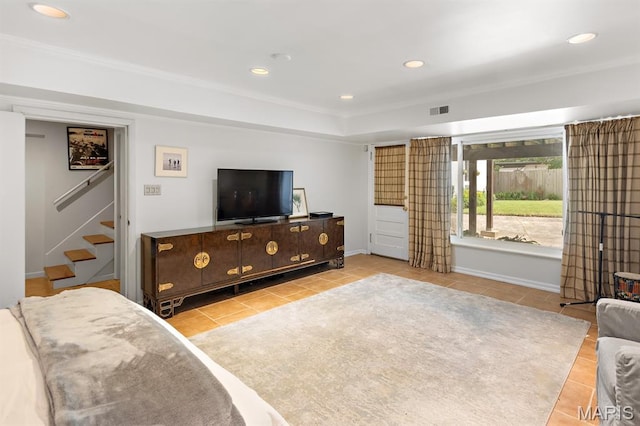 7428 Wellington Way, Clayton, MO 63105 - living room with stairs, light tile patterned floors, and recessed lighting