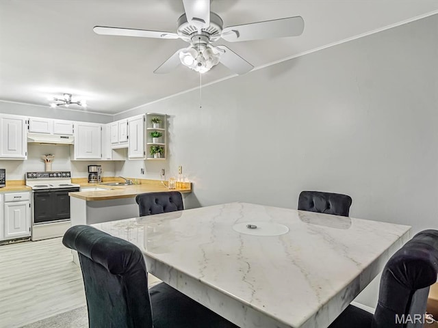 1667 Blue Ridge E, Saint Louis, MO 63125 - kitchen featuring white range with electric stovetop, a breakfast bar, a peninsula, open shelves, and a sink