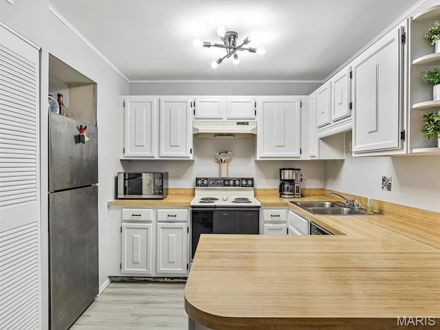 1667 Blue Ridge E, Saint Louis, MO 63125 - kitchen featuring stainless steel appliances, a sink, under cabinet range hood, open shelves, and white cabinets