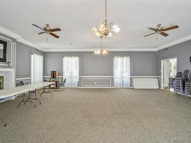 1667 Blue Ridge E, Saint Louis, MO 63125 - office featuring a decorative wall, crown molding, carpet flooring, a ceiling fan, and a chandelier