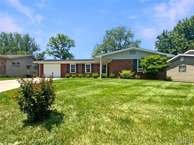 313 Pralle Ln, Saint Charles, MO 63303 - ranch-style house with brick siding, an attached garage, concrete driveway, and a front yard