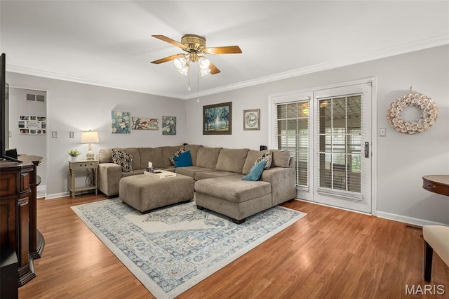 1615 Rosewall Dr Unit C, Saint Charles, MO 63303 - living room with a ceiling fan, wood finished floors, and crown molding
