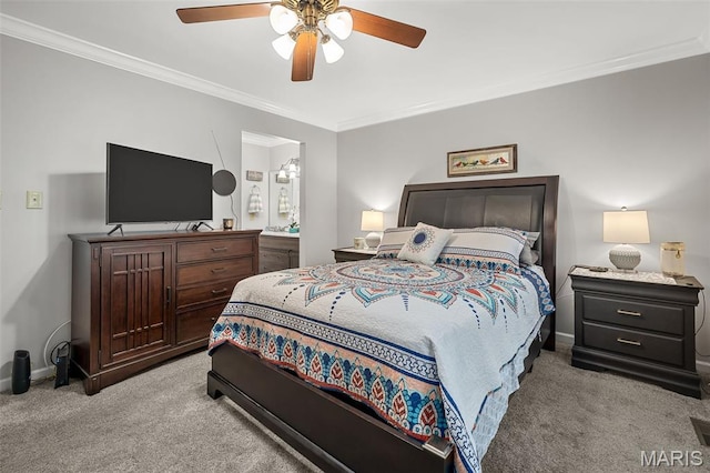 1615 Rosewall Dr Unit C, Saint Charles, MO 63303 - bedroom featuring light colored carpet, ornamental molding, ceiling fan, and ensuite bath