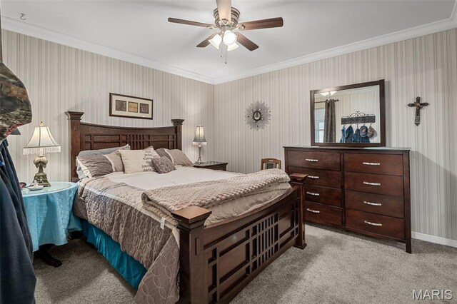 1615 Rosewall Dr Unit C, Saint Charles, MO 63303 - bedroom with ornamental molding, carpet, wallpapered walls, and ceiling fan