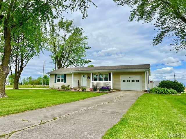 873 White Rd, Montgomery City, MO 63361 - ranch-style house with a garage, covered porch, a front yard, and concrete driveway