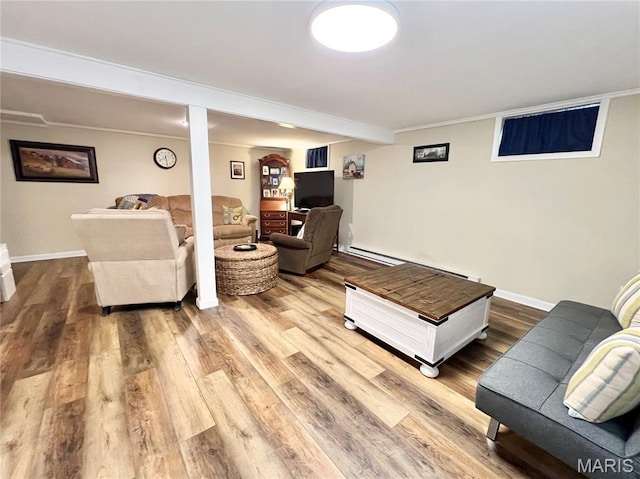 873 White Rd, Montgomery City, MO 63361 - living room with a baseboard heating unit, wood finished floors, and ornamental molding