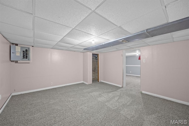203 N Williams St, Albers, IL 62215 - finished basement with baseboards, carpet floors, a drop ceiling, and electric panel