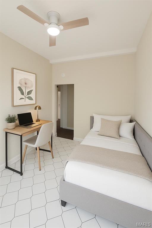 1928 Arsenal St, Saint Louis, MO 63118 - bedroom featuring an office area, light flooring, and a ceiling fan