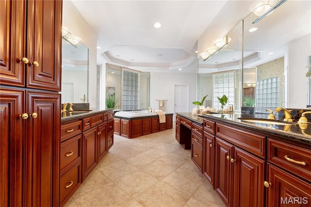 16427 Andraes Dr, Chesterfield, MO 63005 - full bathroom featuring a tray ceiling, two vanities, recessed lighting, and tile patterned flooring