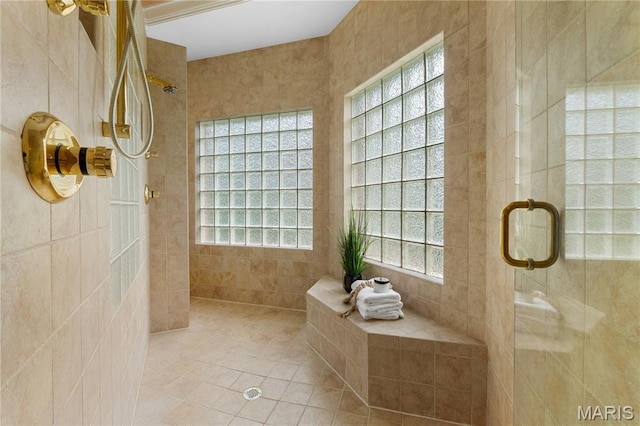 16427 Andraes Dr, Chesterfield, MO 63005 - bathroom with a tile shower, tile patterned floors, and tile walls