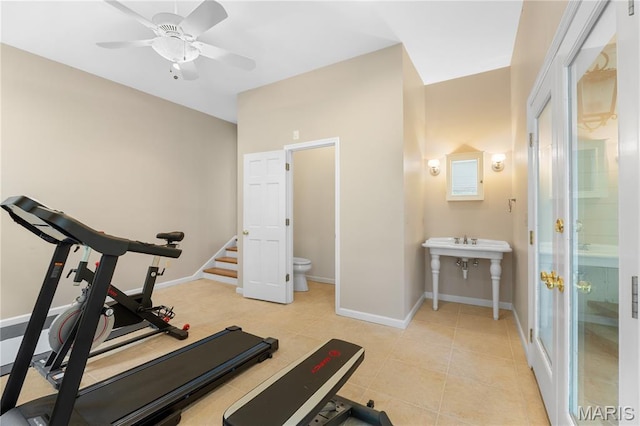 16427 Andraes Dr, Chesterfield, MO 63005 - exercise room with a ceiling fan and light tile patterned floors
