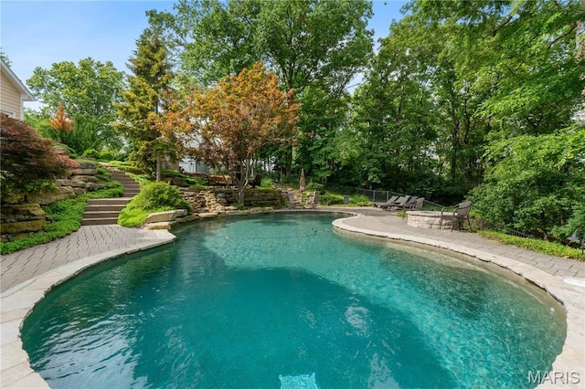 16427 Andraes Dr, Chesterfield, MO 63005 - swimming pool featuring a patio area and stairs