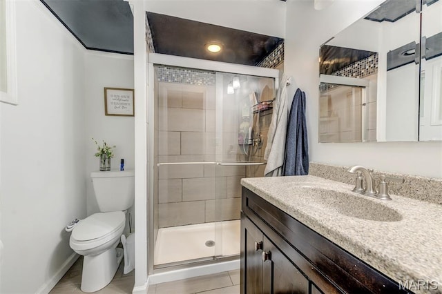713 Settler Rd, Fenton, MO 63026 - full bath featuring vanity, a stall shower, and tile patterned flooring