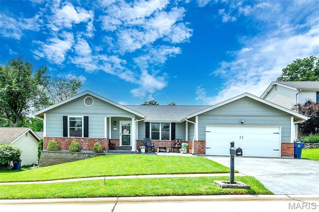 713 Settler Rd, Fenton, MO 63026 - view of front of home with brick siding, a garage, a front yard, and concrete driveway