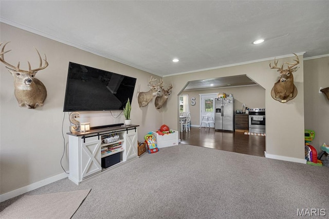 14864 S State Highway 21, Potosi, MO 63664 - living area featuring arched walkways, carpet, crown molding, recessed lighting, and baseboards