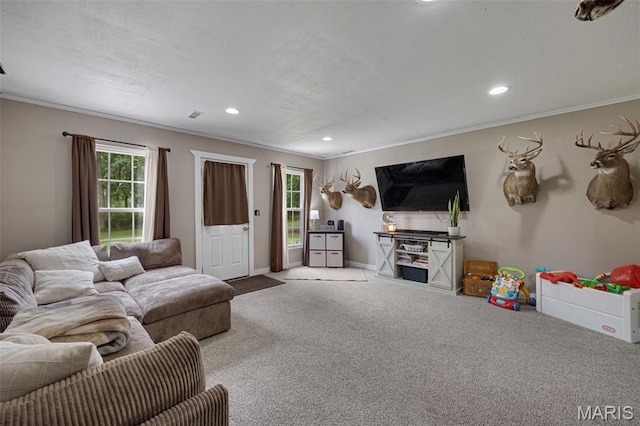 14864 S State Highway 21, Potosi, MO 63664 - carpeted living room featuring plenty of natural light, ornamental molding, recessed lighting, and baseboards
