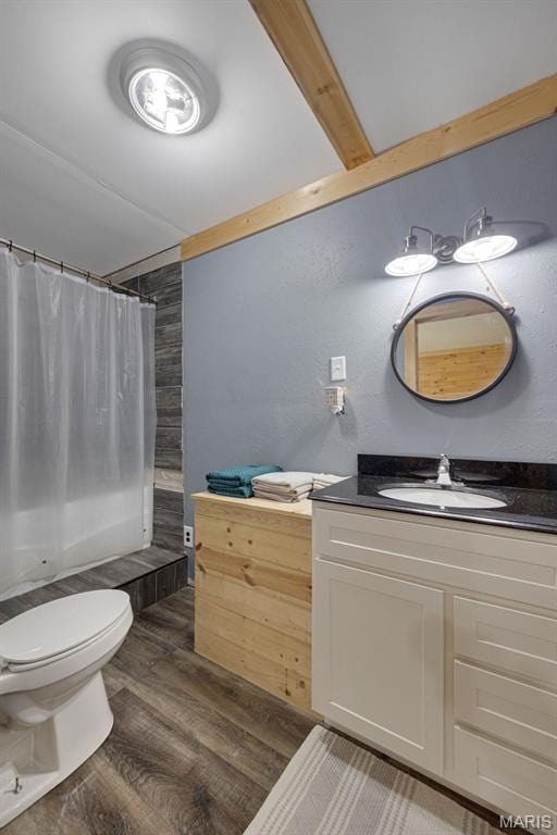 14864 S State Highway 21, Potosi, MO 63664 - bathroom featuring wood finished floors, vanity, toilet, and shower / bathtub combination with curtain