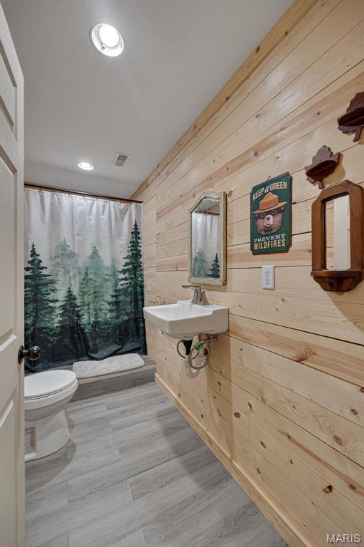 14864 S State Highway 21, Potosi, MO 63664 - full bath featuring toilet, wooden walls, a sink, a shower with shower curtain, and recessed lighting
