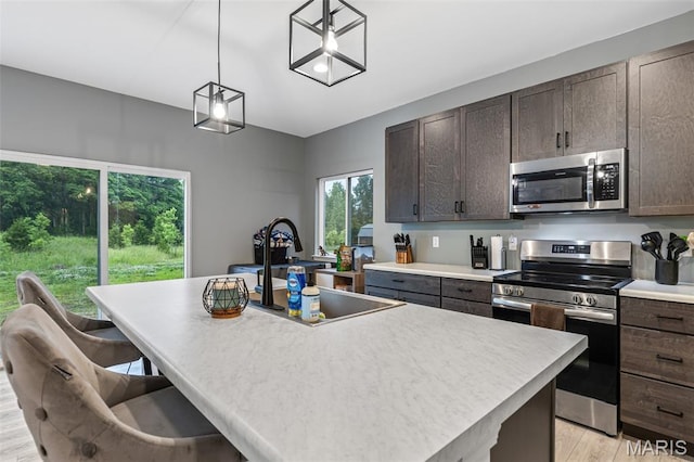 kitchen featuring appliances with stainless steel finishes, a sink, dark brown cabinetry, and light countertops
