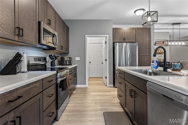 kitchen featuring stainless steel appliances, a sink, dark brown cabinets, and light wood finished floors