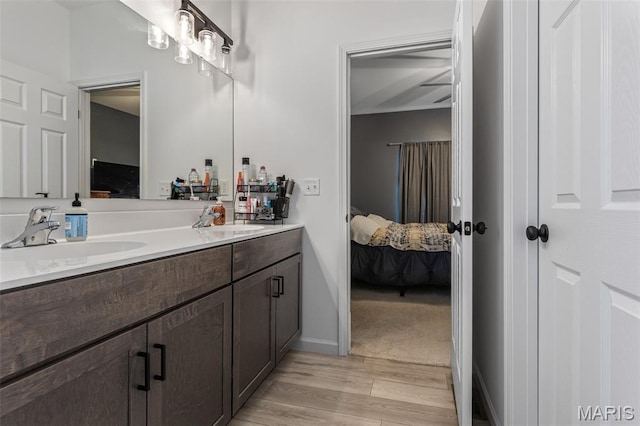 bathroom with connected bathroom, double vanity, and wood finished floors