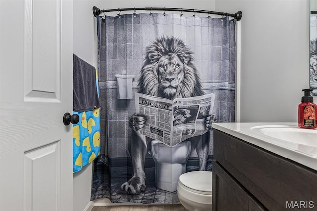 full bathroom with toilet, vanity, and a shower with curtain
