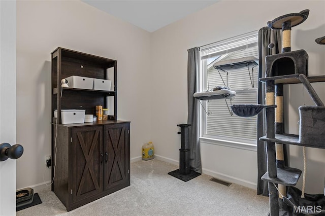 workout room featuring carpet flooring and baseboards