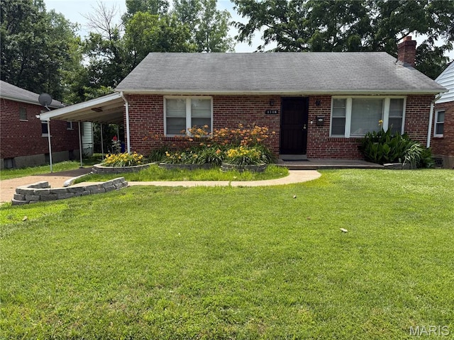 8362 Braddock Dr, University City, MO 63132 - view of front of home with brick siding, a front yard, a chimney, and an attached carport