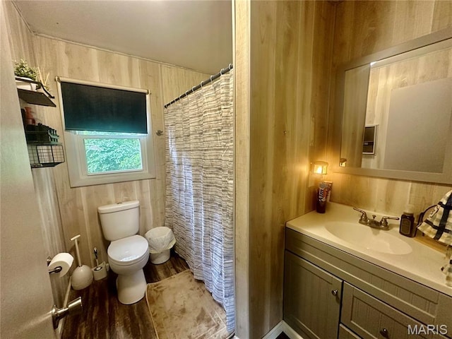 19040 State Route Ee, St James, MO 65559 - bathroom featuring vanity, wood walls, wood finished floors, and a shower with curtain
