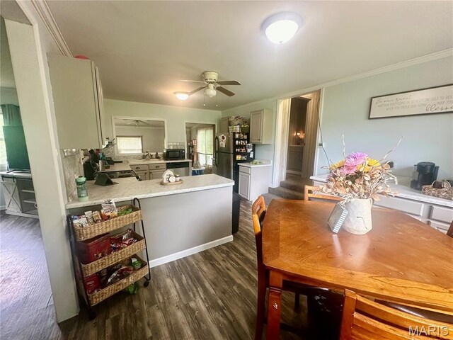 19040 State Route Ee, St James, MO 65559 - dining space featuring dark wood-style floors, crown molding, and a ceiling fan