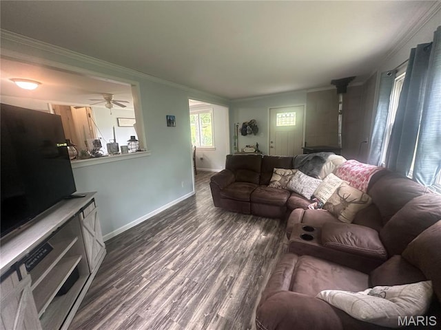 19040 State Route Ee, St James, MO 65559 - living room with a wood stove, dark wood-type flooring, crown molding, and a ceiling fan