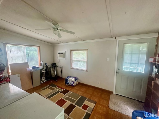 19040 State Route Ee, St James, MO 65559 - office with lofted ceiling, healthy amount of natural light, a wall mounted air conditioner, and a ceiling fan
